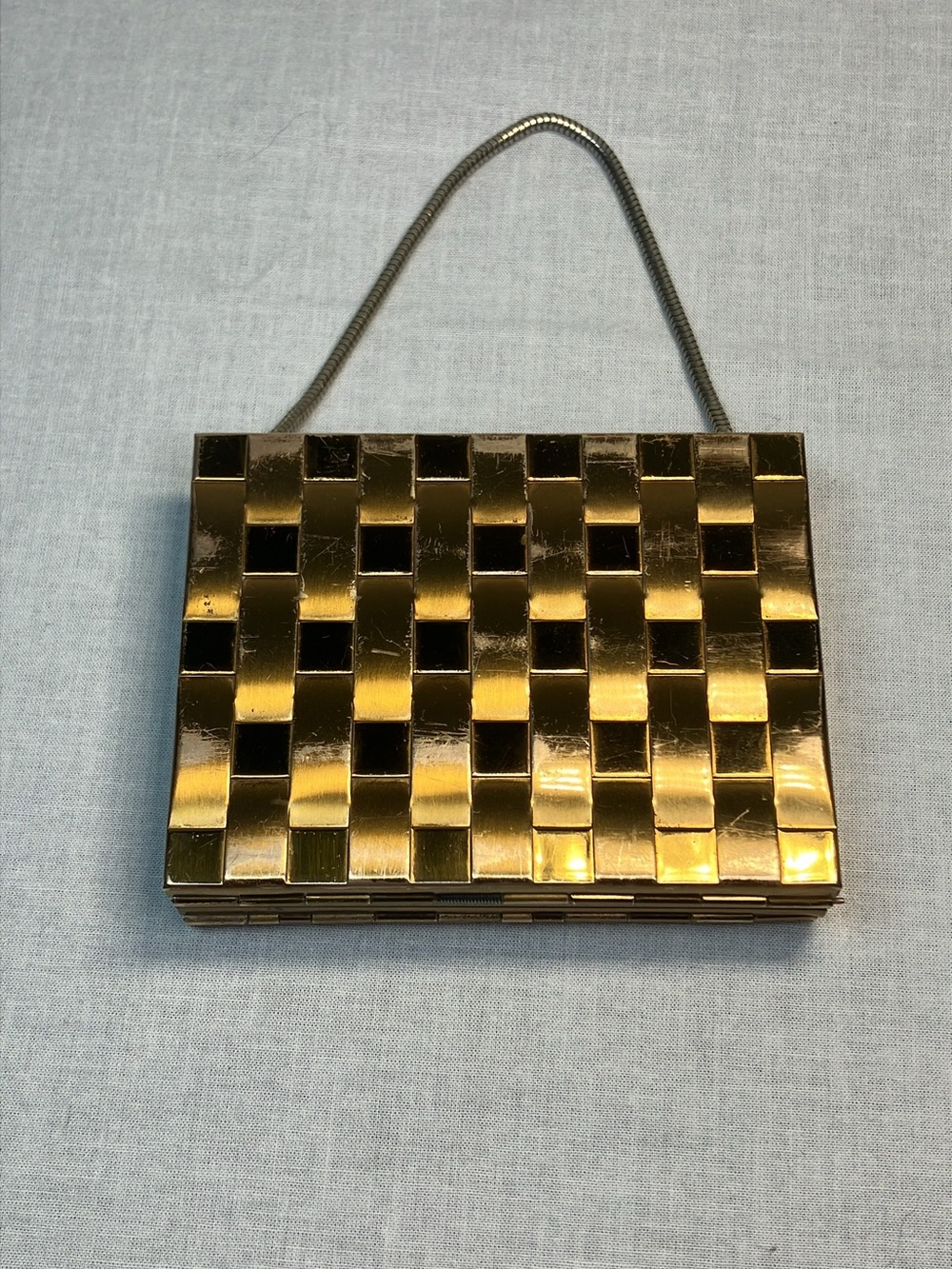 Vintage 1960 Gold Tone Medal Basket Weave Compact Clutch